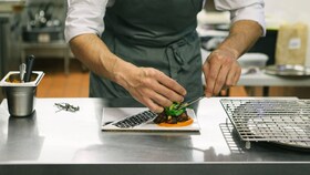 Шеф-повар представляет блюдо с изысканными продуктами